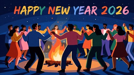 Fototapeta premium Diverse group of happy friends dance around campfire at night. People celebrate Happy New Year 2026 together with music, joy. Festive outdoor party with bonfire, togetherness, community spirit under