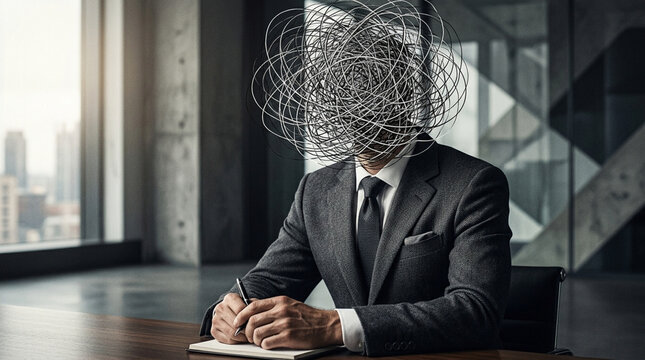 Confused Businessman Abstract Mind Tangled Thoughts Overwhelmed Executive Office
