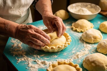 Fototapeta premium Elderly hands shape pie dough on a turquoise mat. Flour dusts the surface and nearby pie crusts. This close-up captures homemade pastry preparation in a cozy kitchen.
