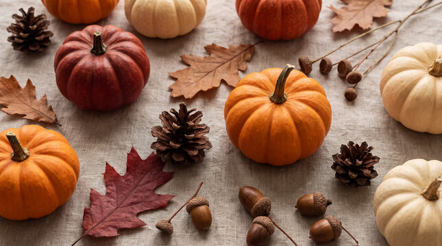 Autumn harvest abundance with various small pumpkins, acorns, pinecones, and dried leaves decorating a rustic linen fabric