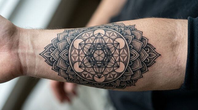 Geometric Mandala Tattoo on Arm | Sacred Geometry, Dotwork, Black Ink Art