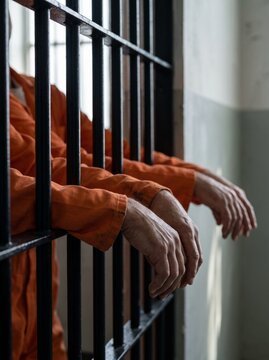 Prisoner in orange jumpsuit reaching hands through prison cell bars