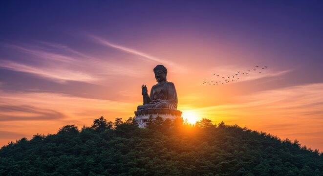 A majestic wide angle photograph of a monumental bronze Buddha statue seated in a meditative pose on a stone lotus throne during a dramatic purple and amber sunset