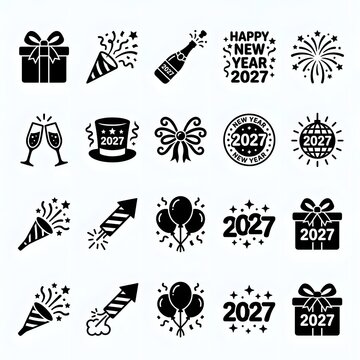 Black silhouette icons representing new year celebrations and festive elements