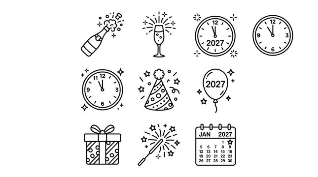 Collection of hand drawn vintage style time and celebration related icons