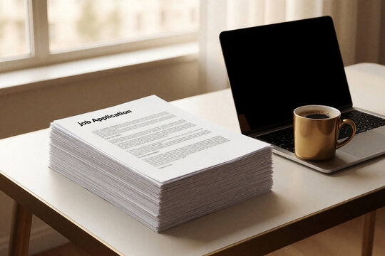 Stack of job application papers on desk next to laptop, coffee mug. Large pile of CV resumes, hiring documents in bright modern office. Human resources manager reviews candidate paperwork for new