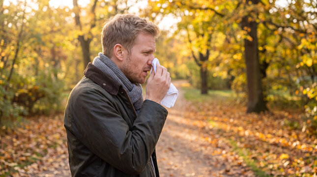 Man sneezing outdoors, experiencing seasonal allergies or a common cold in autumn park, blowing nose with tissue