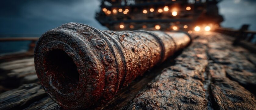 Cinematic Close Up of a Vintage Ornate Rusty Cannon on a Medieval Pirate Ship Deck at Twilight