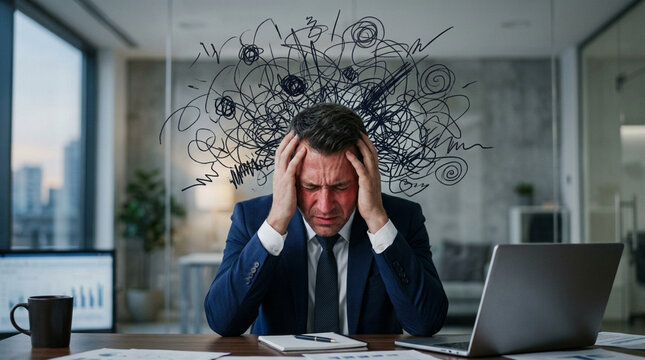 Frustrated Businessman Overwhelmed by Stress and Chaos in Office