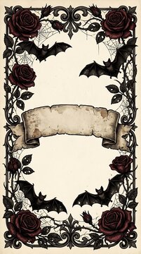 Helloween vampire bat and rose border illustration in a gothic style frame