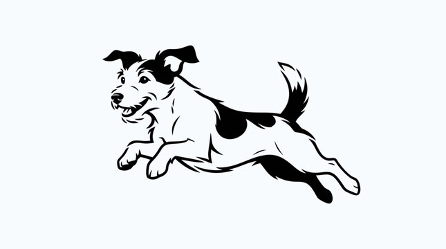 A joyful black and white drawing depicting an active terrier dog leaping forward with energy and enthusiasm in a playful posture suitable for various creative design projects and prints