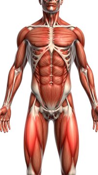Detailed 3D Animation of Human Muscular System Anatomy Showing Torso and Legs with Highlighted Quadriceps Muscles