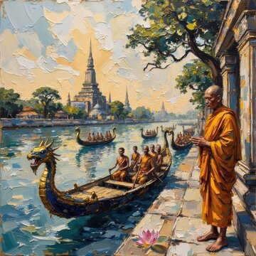 Traditional Thai Monks in Robes by River with Temple and Dragon Boat Scene