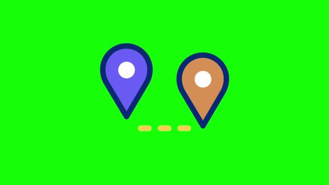 Animated map pin icons with moving route line on green screen background for navigation, tracking, and location