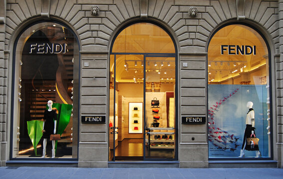 Florence, Italy &ndash; October 13, 2014. Exterior view of Fendi luxury fashion storefront in Florence, Italy. View people.