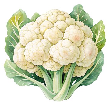 Detailed watercolor illustration of a fresh ripe white cauliflower head with green leaves isolated