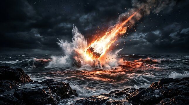 Fiery asteroid crashing into dark stormy ocean creating massive water splash impact with glowing embers against dramatic twilight sky for cinematic disaster film concept art visual.