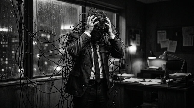 Overwhelmed Businessman Tangled in Wires, Stress, Anxiety, Dark Office, Night