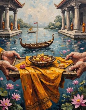 Traditional Indian Offering Scene with Temple, Boat, and Lotus Flowers