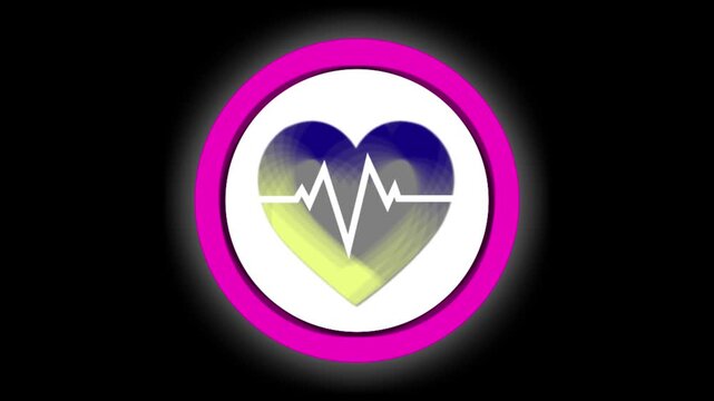 glowing pink heart with heartbeat ecg line on dark background, love health cardiology and medical pulse concept
