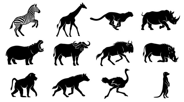 A striking collection of african wildlife silhouettes showcasing the majestic beauty and diversity of the continent's iconic animal species in black