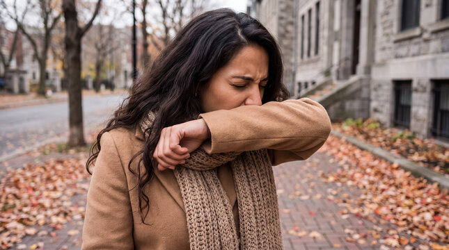 Woman feeling unwell, covering a cough with her elbow to practice proper hygiene and stop the spread of sickness