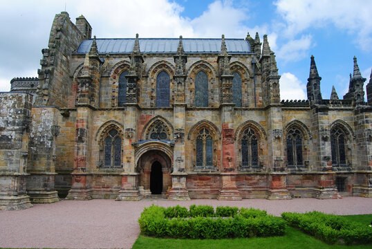 Roslin, Great Britain &ndash; June 18, 2014. Exterior view of Rosslyn Chapel on summer day. 