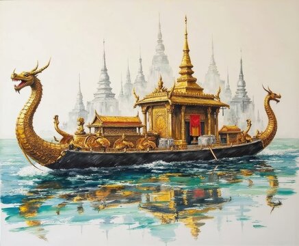 Ornate golden dragon boat with temple structure on calm waters, traditional Southeast Asian riverscape scene