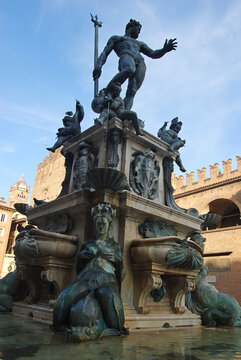 Bologna, Italy &ndash; October 17, 2014. Historic Fountain of Neptune (Fontana del Nettuno) in Piazza Maggiore in Bologna.