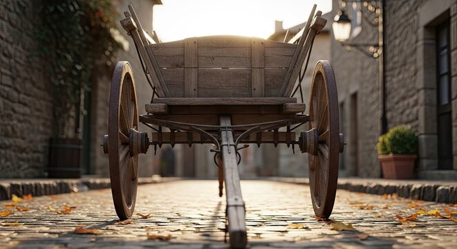 Antique wooden horse cart on old cobblestone village street.