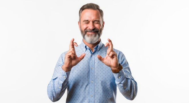 Middle-aged man with grey beard crossing fingers for good luck and making a wish on white background
