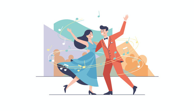 Elegant couple in a red suit and a blue dress dancing gracefully surrounded by flowing musical notes in a ballroom.