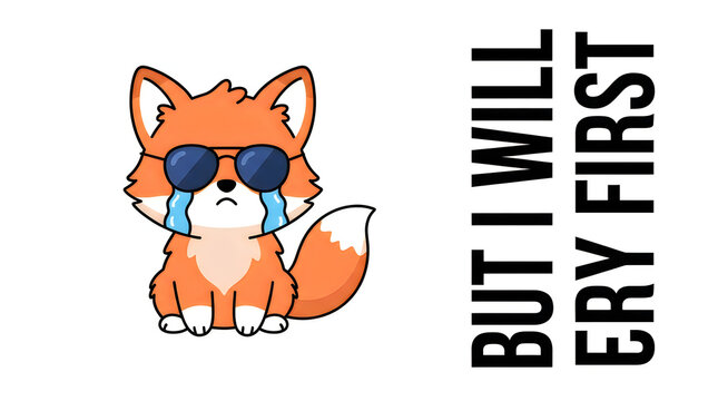 Cute cartoon fox character wearing sunglasses crying with text but i will cry first