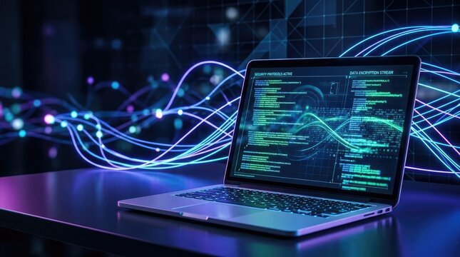 A laptop sits on a dark wooden table, displaying a code interface with glowing lines and data encryption streams. The screen shows a complex network diagram with active security protocols.