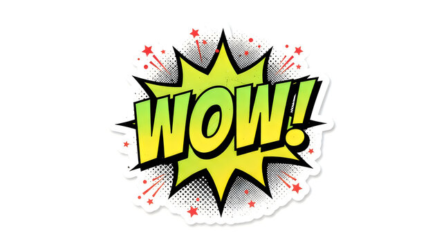 Comic book style wow word bubble with yellow and green colors and star burst explosion shapes