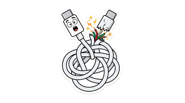 Cartoon character of a broken and tangled charging cable with a surprised expression