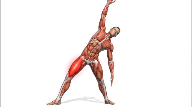 Anatomical Illustration of a Man Performing a Side Stretch Highlighting Quadriceps Muscle Strain and Pain