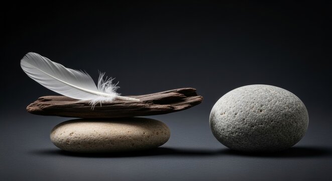 A minimalist composition of a balance scale made from driftwood and stones featuring a soft white feather counterbalanced by a heavy rock
