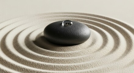 Naklejka premium Minimalist composition of a basalt stone with a water droplet on raked cream colored sand
