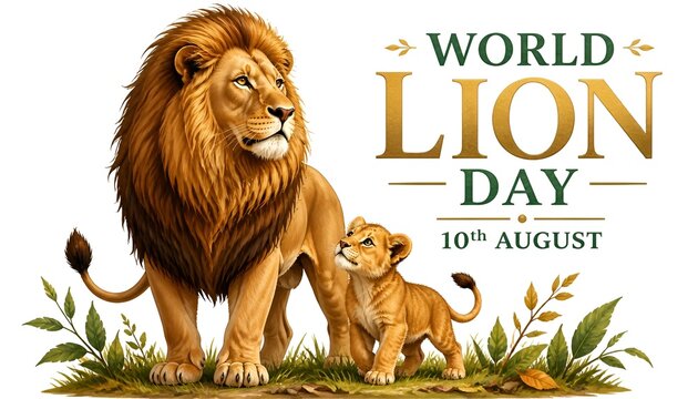 Lion and cubs standing in green grass with world lion day text