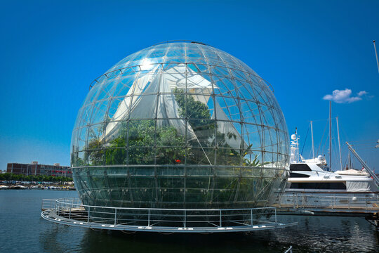Genoa, Italy &ndash; July 9, 2015. Biosfera dome in Genoa is a giant glass ball housing a humid mini-ecosystem with tropical plants, butterflies and birds.