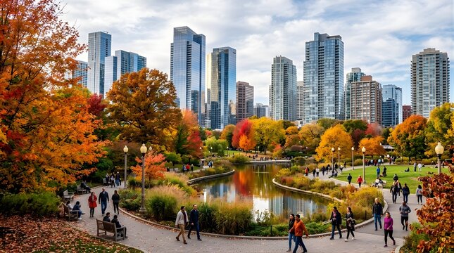 People walking in an urban park with autumn foliage and skyscrapers in Chicago