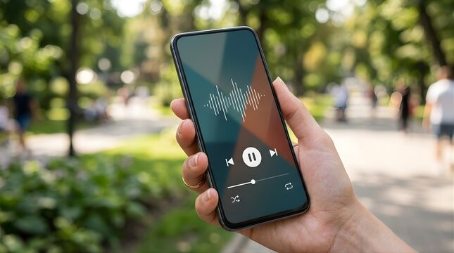 Person holding smartphone with audio player interface in outdoor park