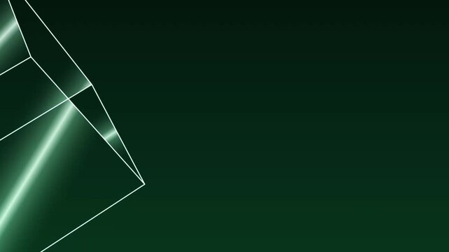 A glowing 3D wireframe cube rotates smoothly over a dark green background.