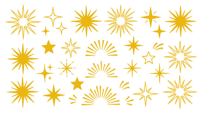 Golden starburst vector set, yellow sparkle icons and sunburst elements, celestial star shapes for festive design projects