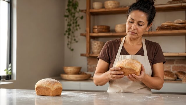 Baker inspecting fresh bread loaf before sale