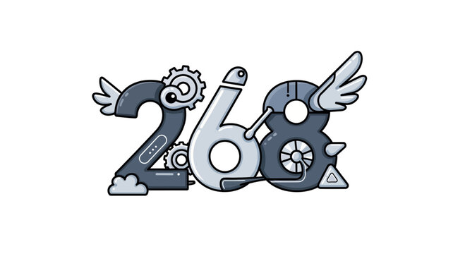 Steampunk Numbers 268 with Gears, Wings, and Clouds - Vector Illustration