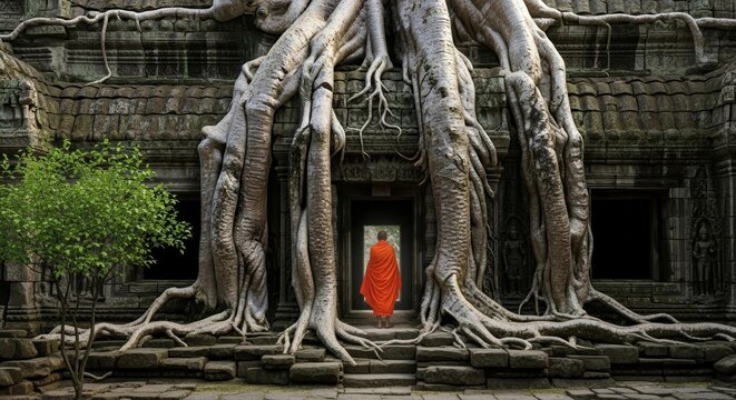 Buddhist monk in orange robes standing at the stone doorway of an ancient temple ruin overtaken by massive tree roots