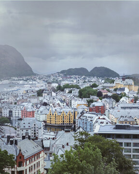 High angle view of Alesund town and fjords in Norway. Scenic panoramic view of Alesund city Art Nouveau architecture.
