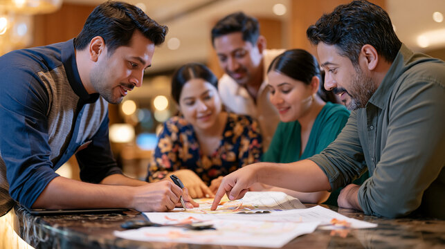 Hotel concierge staff in warm lobby lighting present a multicultural group of guests with curated local experience menus, the budget allocation process visible as printed itinerary sheets are review